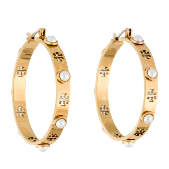 Tory Burch Gold Hoop Earrings with Pearl Accents - Picture 5 of 5